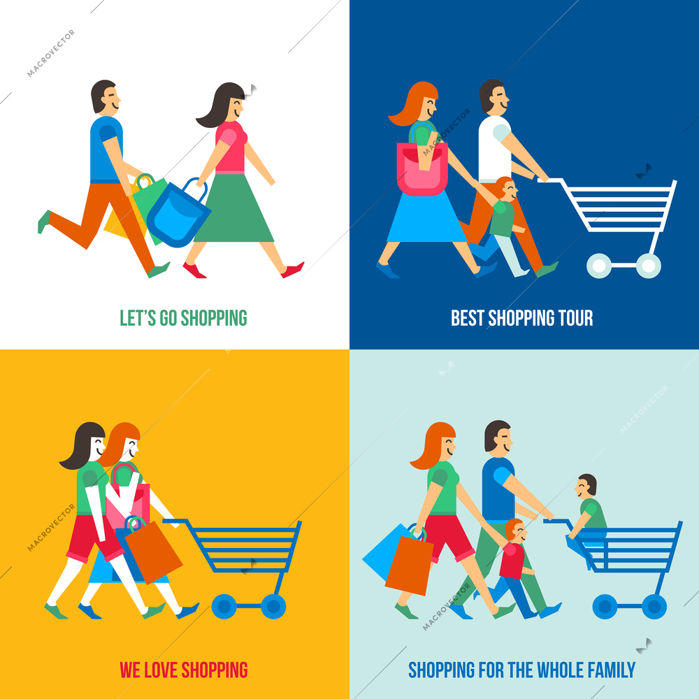 Shopping people design concept set with family in the mall flat isolated vector illustration