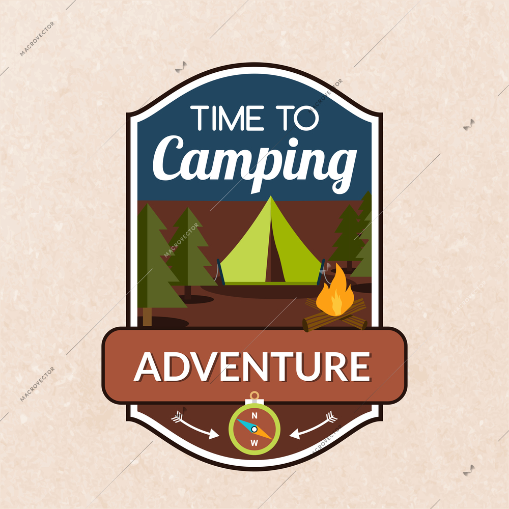 Summer camping emblem with tent fireplace and compass vector illustration