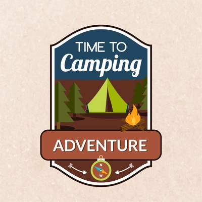 Summer camping emblem with tent fireplace and compass vector illustration