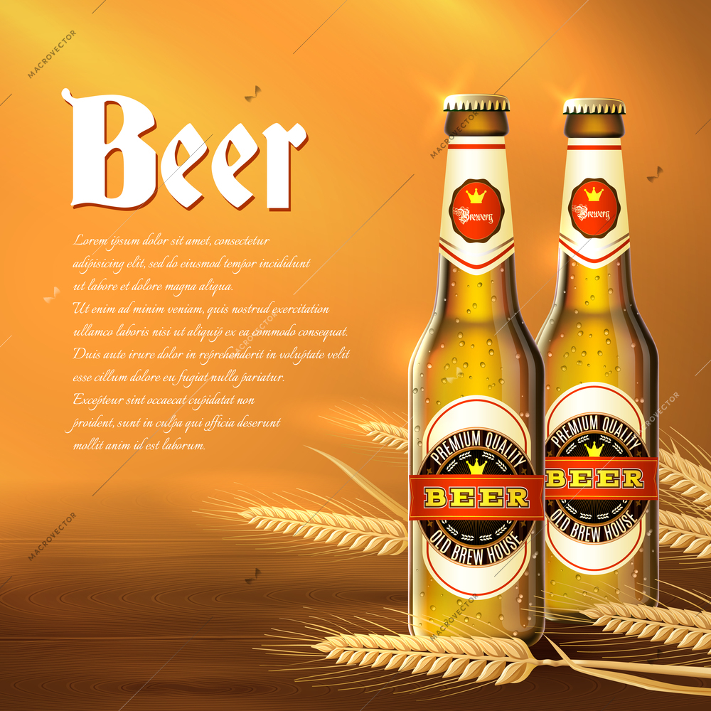 Beer background with realistic glass bottles and wheat ears vector illustration