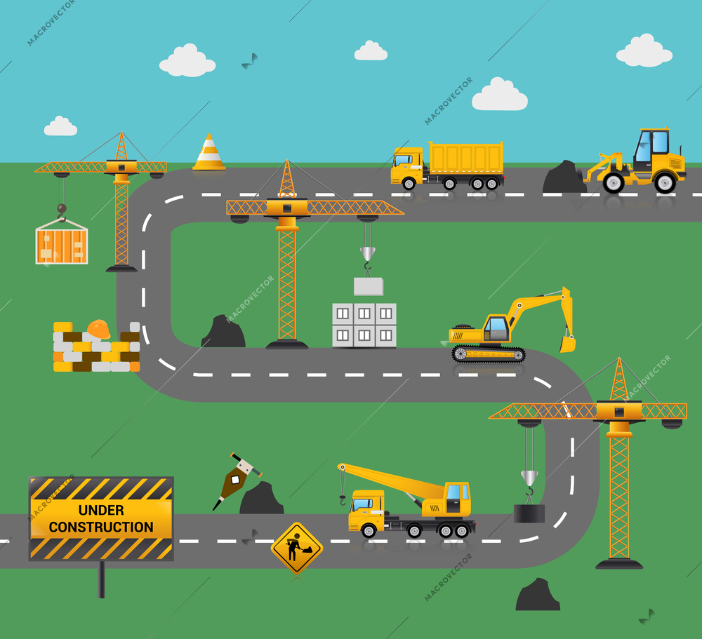 Road construction concept with industrial machinery and equipment vector illustration