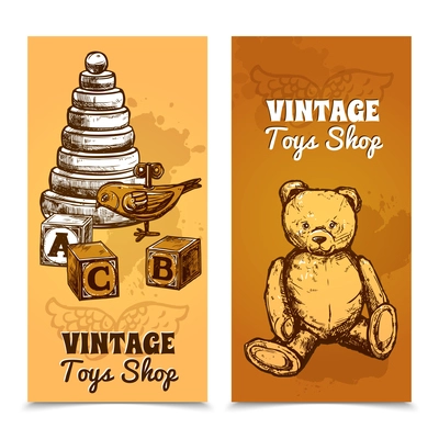 Retro toy vertical banner set with hand drawn pyramid blocks and teddy bear isolated vector illustration