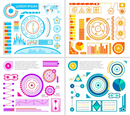 Hud interface designs set with blue violet and orange templates flat vector illustration