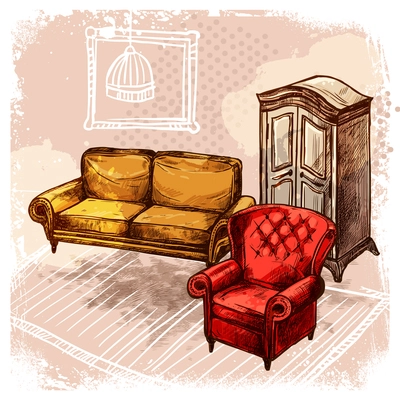 Retro room interior with old style sketch furniture vector illustration