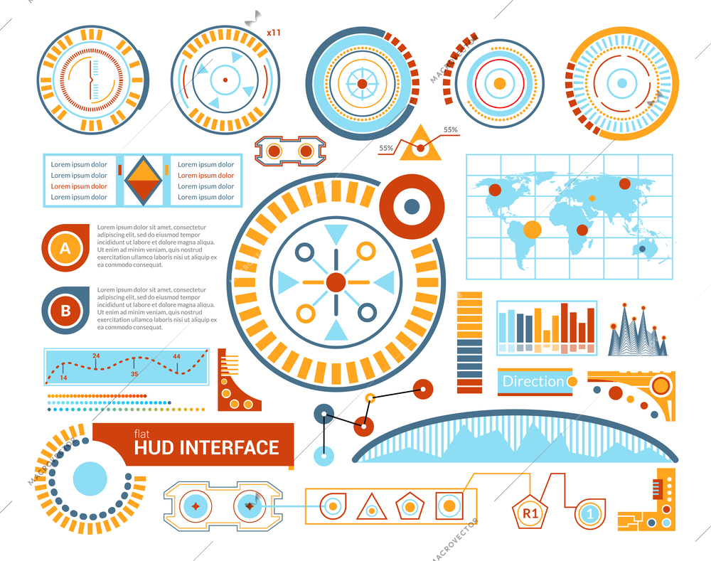 Hud virtual gaming panel interface blueprint flat futuristic vector illustration