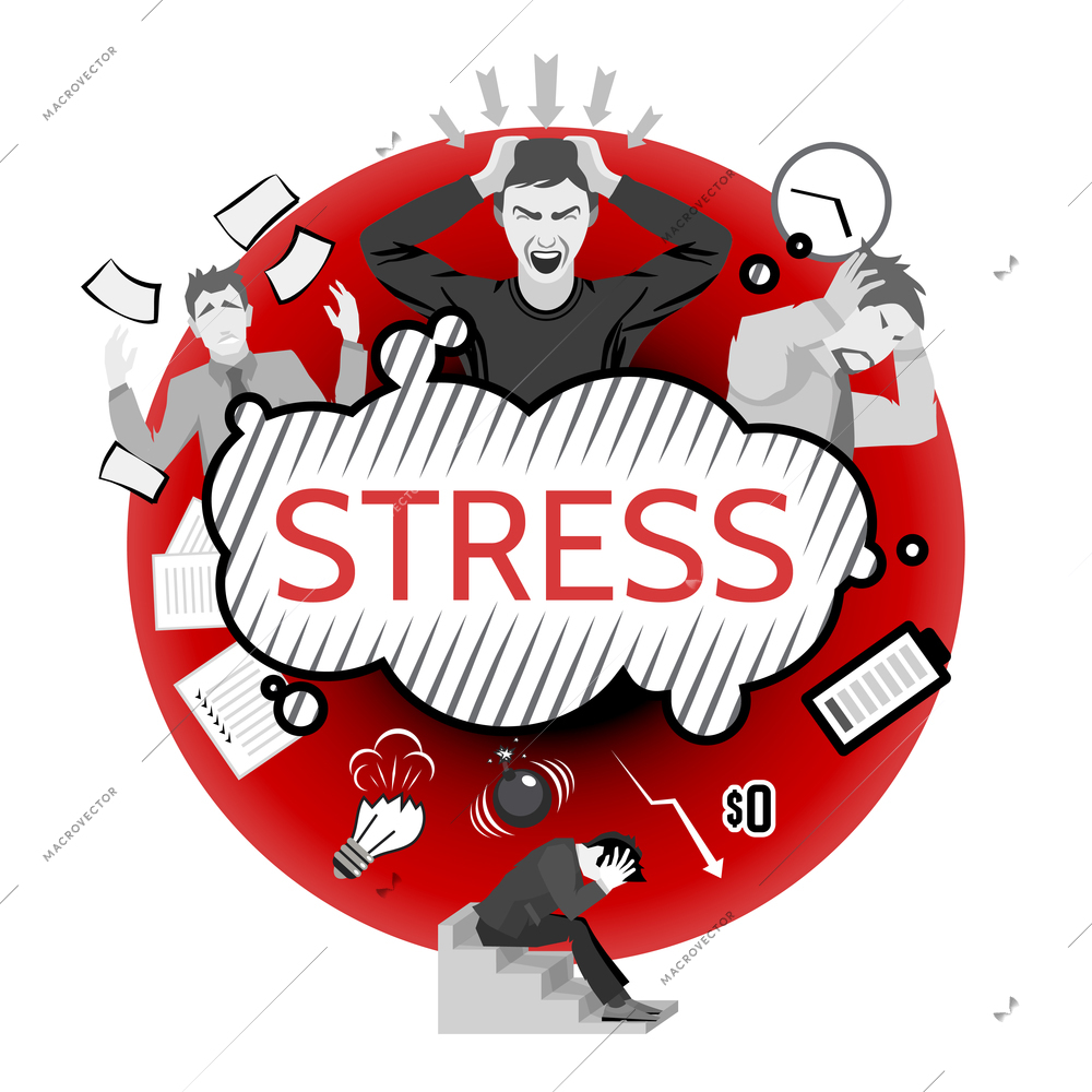 Stress concept with business failure symbols and depressed people flat vector illustration