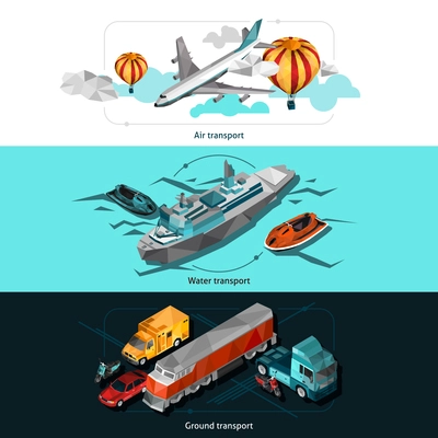 Transport horizontal banners set with low poly isometric air water and ground vehicles isolated vector illustration