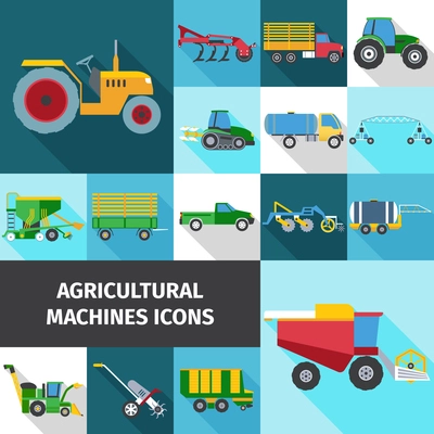 Agricultural industry square shadow icons set with machines and engineering flat isolated vector illustration