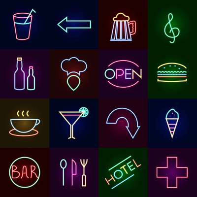 Neon icons set with cocktail bars hotels and fast food restaurants isolated vector illustration