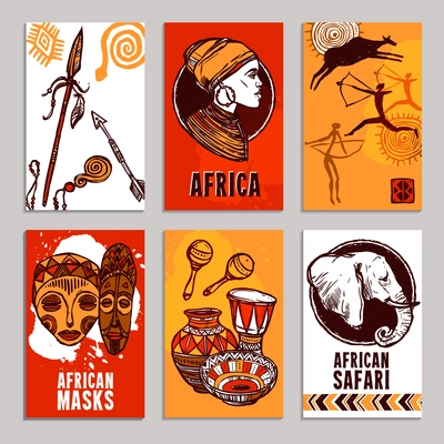 Africa poster set with safari and masks sketch elements isolated vector illustration