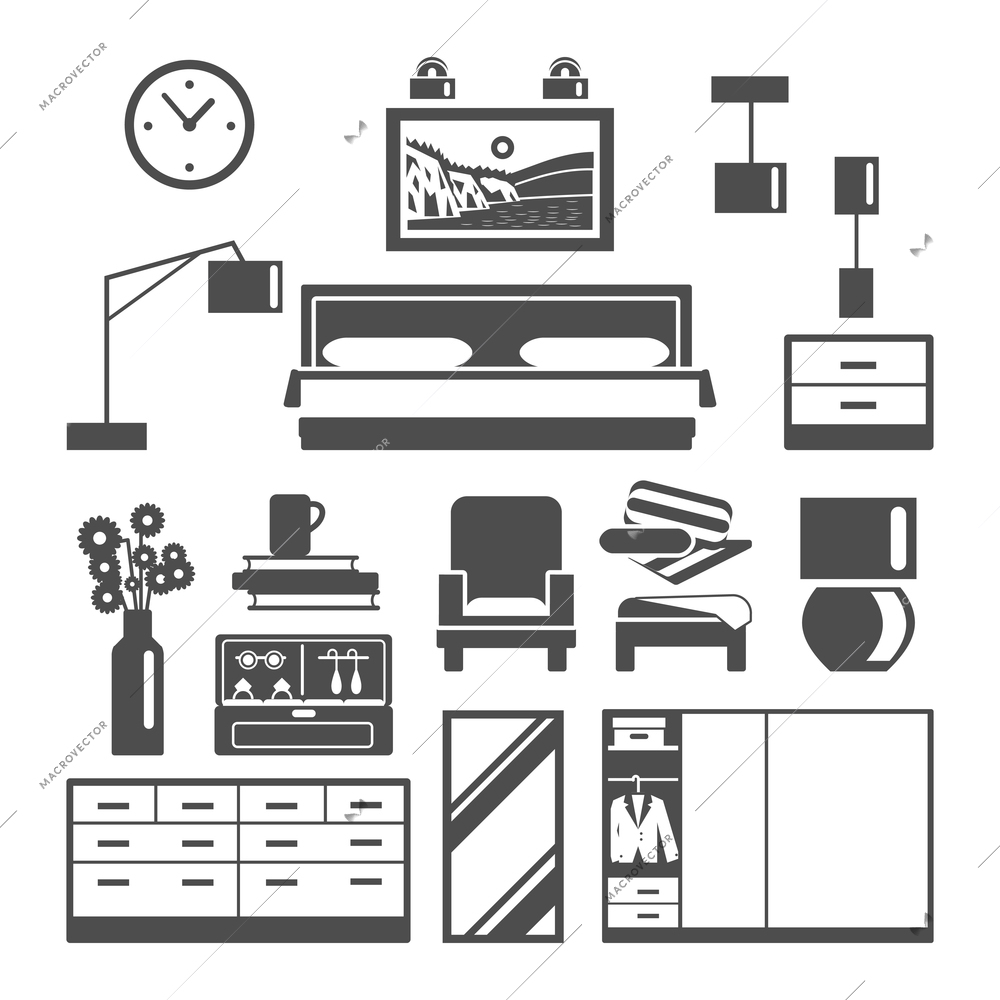 Bedroom furniture black white icons set with armchair bed and wardrobe flat isolated vector illustration