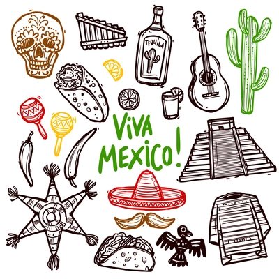 Mexico doodle icons set with hand drawn food and culture symbols isolated vector illustration