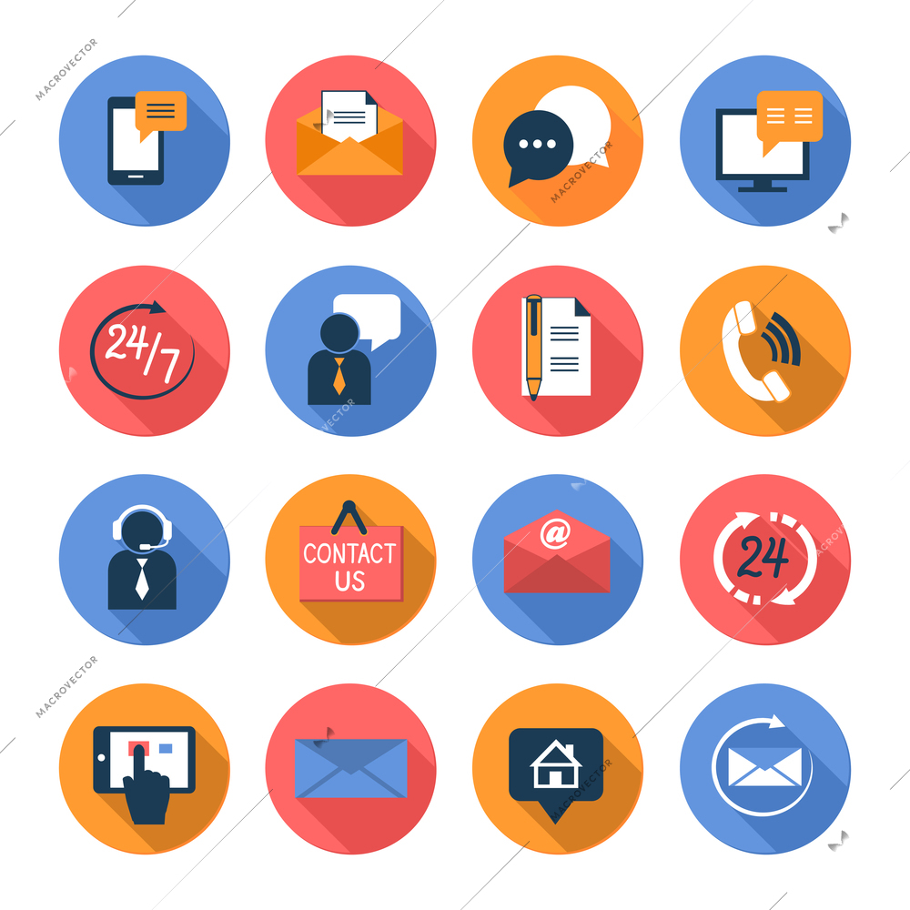 Customer care contacts flat icons set of online and offline support services isolated vector illustration