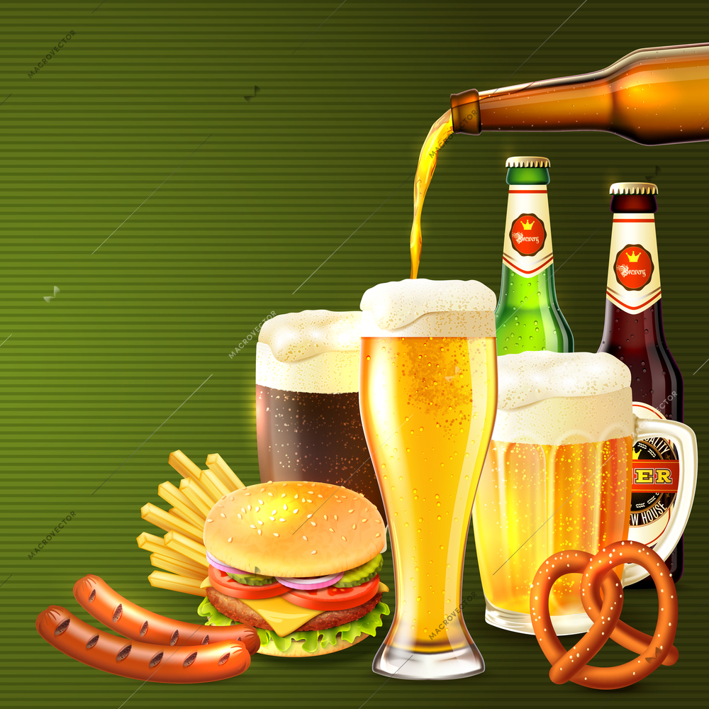 Realistic beer concept with glasses and different snacks vector illustration
