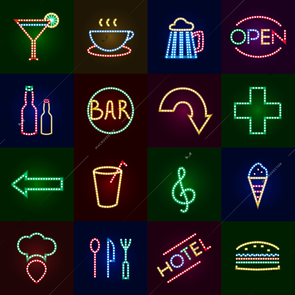 Led lights icons set with dot neon signs isolated vector illustration