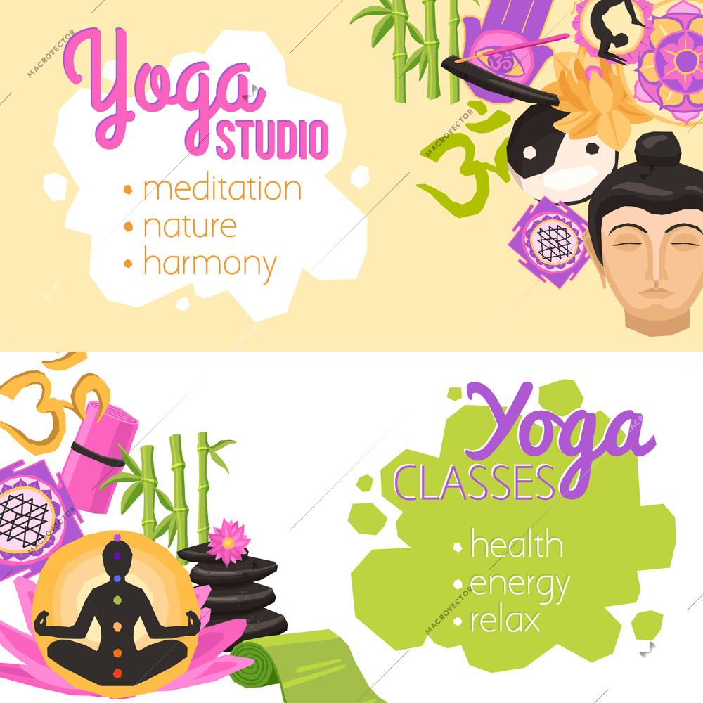 Yoga banners horizontal set with wellness and fitness elements isolated vector illustration