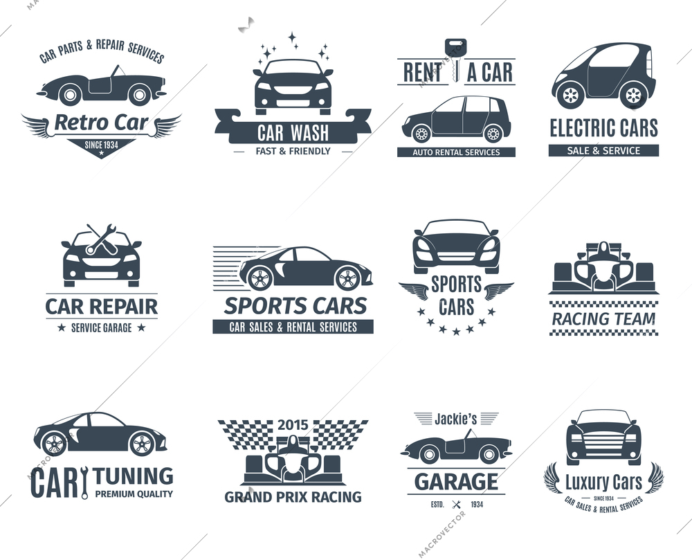 Car and auto service logo set black isolated vector illustration