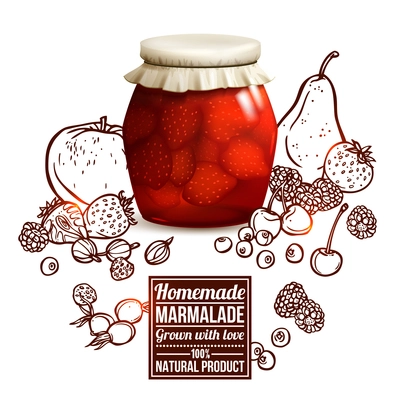 Marmalade jar concept with realistic glass jar and sketch fruits and berries on background vector illustration