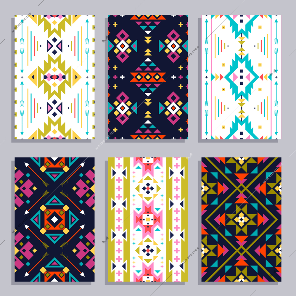 Ethnic geometric vertical banner set with seamless tribal patterns isolated vector illustration