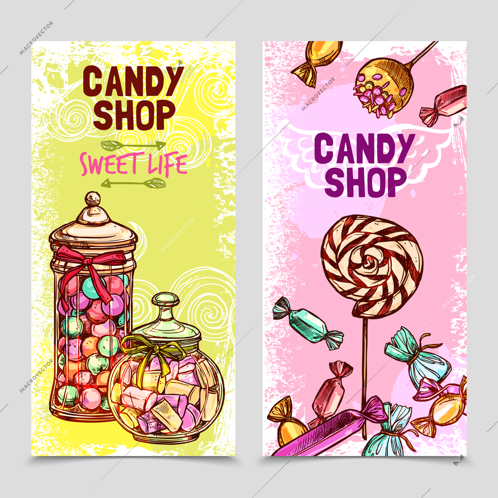 Sweet vertical banner set with hand drawn candies and marshmallow isolated vector illustration