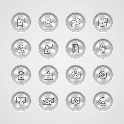 Contact us service icons set on control metal buttons of email phone communication and representative person vector illustration