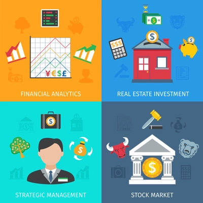 Investment design concept set with financial analytics and strategic management flat icons isolated vector illustration