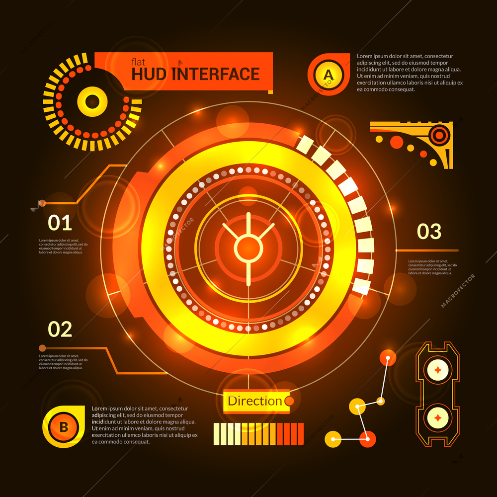 Orange virtual game hud interface template on dark background vector illustration