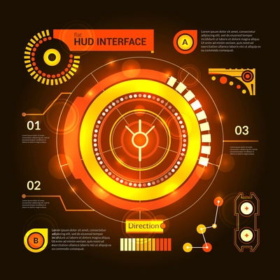 Orange virtual game hud interface template on dark background vector illustration