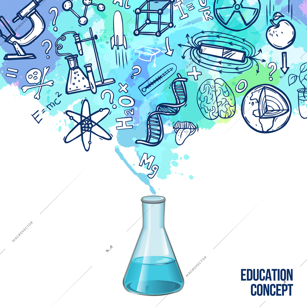 Education concept with realistic lab flask and sketch science symbols vector illustration