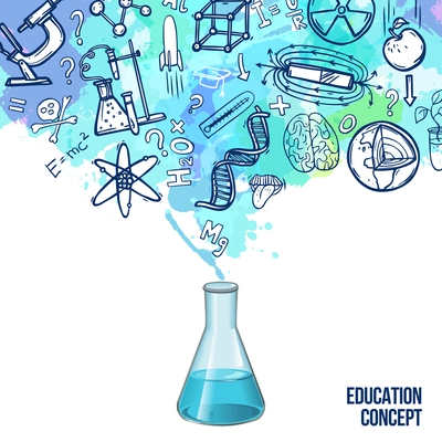 Education concept with realistic lab flask and sketch science symbols vector illustration