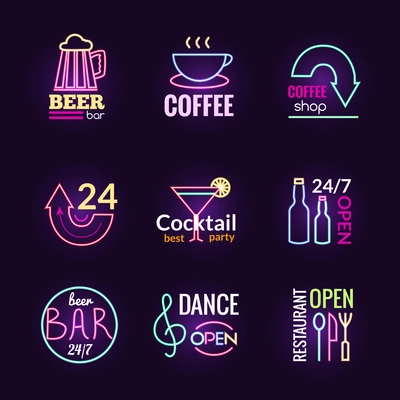 Restaurant bar and dance club neon signs set isolated vector illustration