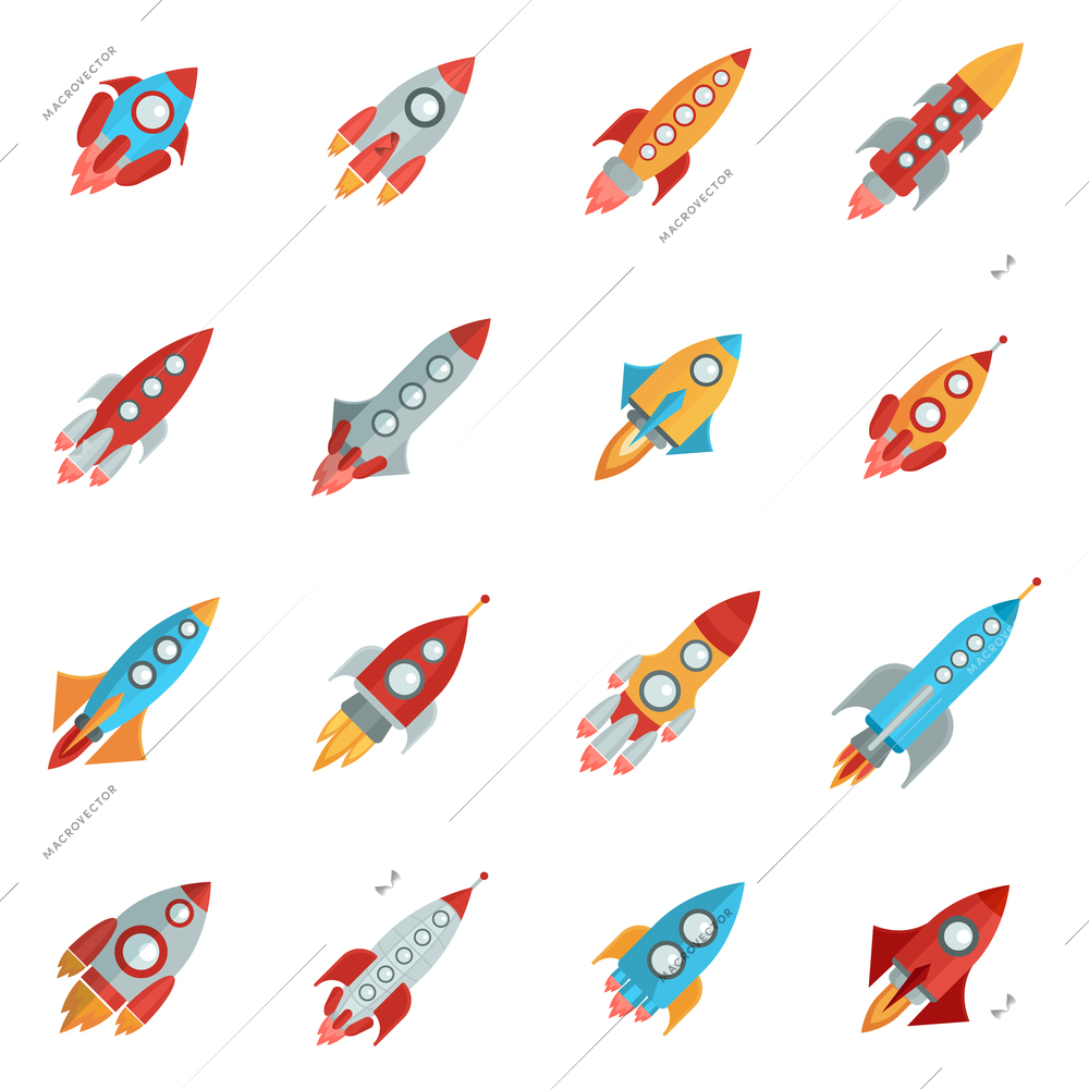 Flying bright space rocket icons set with launch and fire flat isolated vector illustration