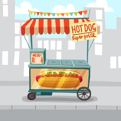 Hot dog cart shop on city street background vector illustration