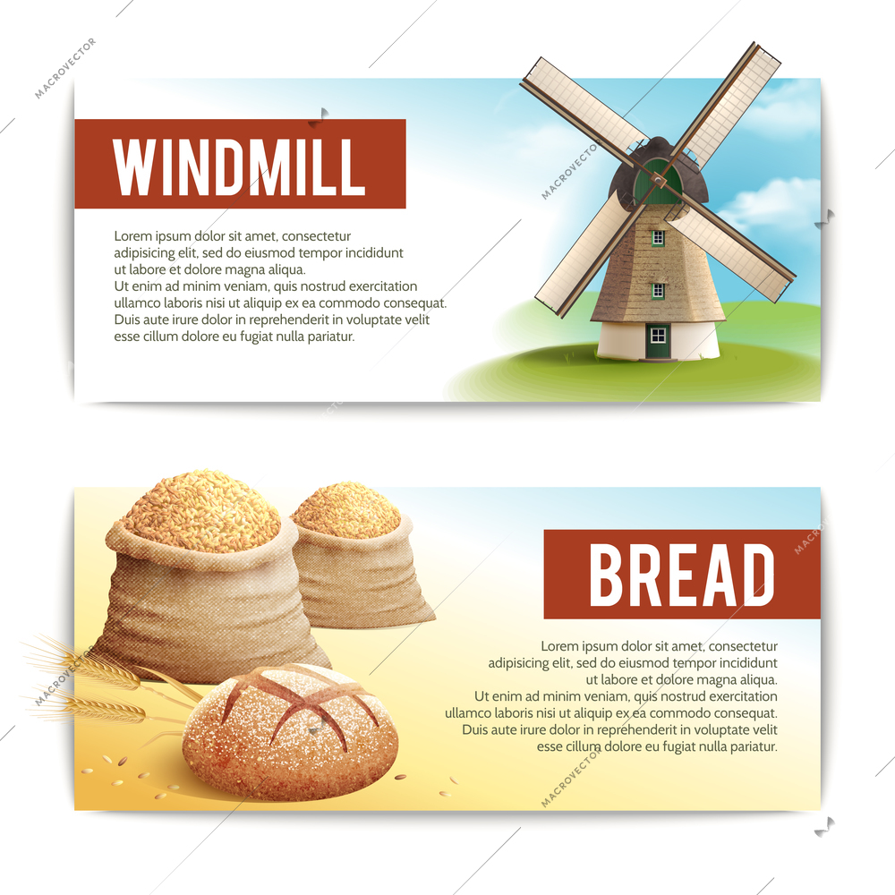 Bread horizontal banner set with with traditional windmill and wheat sack isolated vector illustration