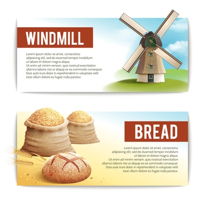 Bread horizontal banner set with with traditional windmill and wheat sack isolated vector illustration