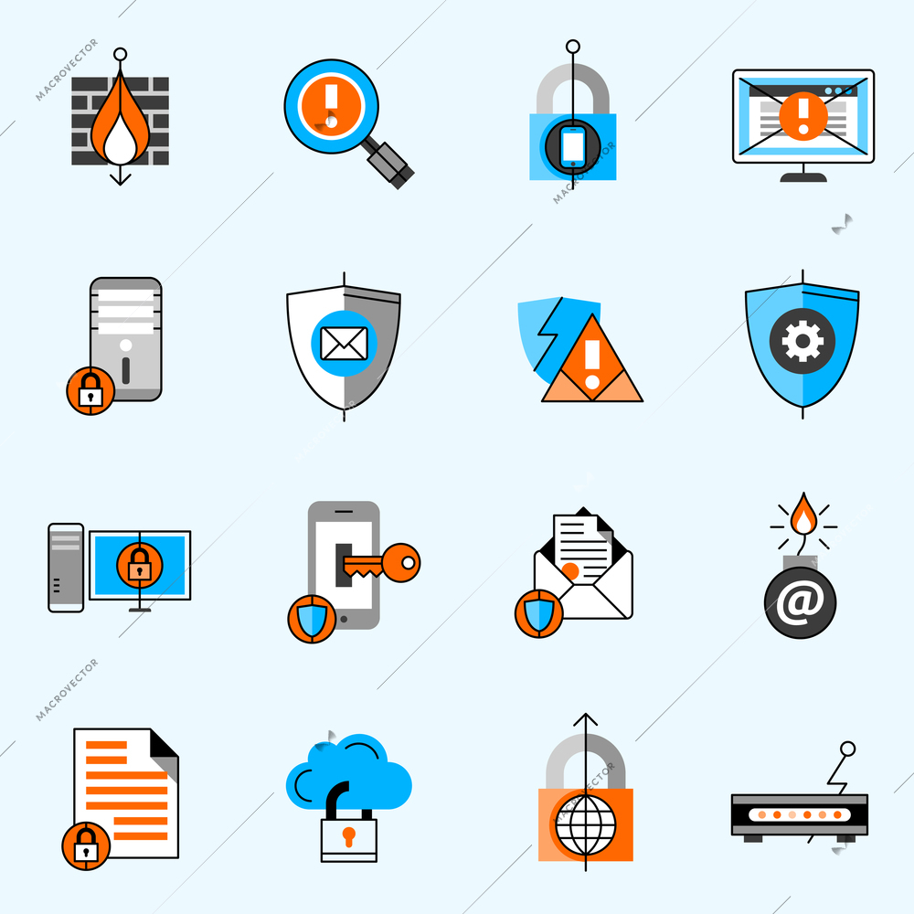 Data security line icons set with antivirus computer and mail flat isolated vector illustration