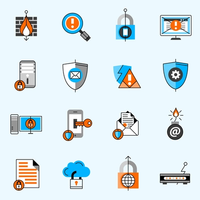 Data security line icons set with antivirus computer and mail flat isolated vector illustration