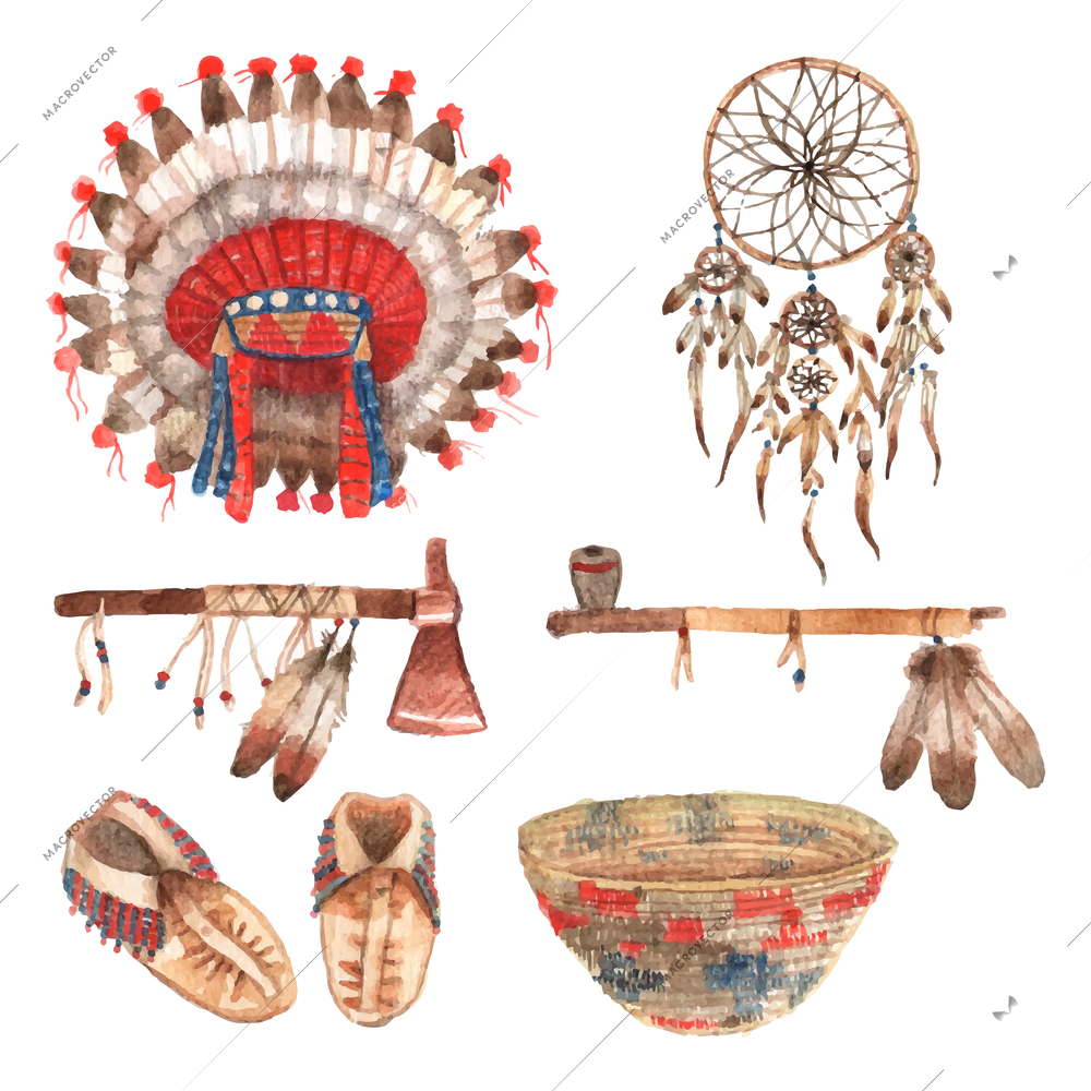 Native american indial tribal amulets and household items collection with feathers headdress watercolor abstract isolated vector illustration