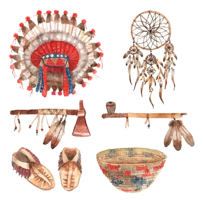 Native american indial tribal amulets and household items collection with feathers headdress watercolor abstract isolated vector illustration