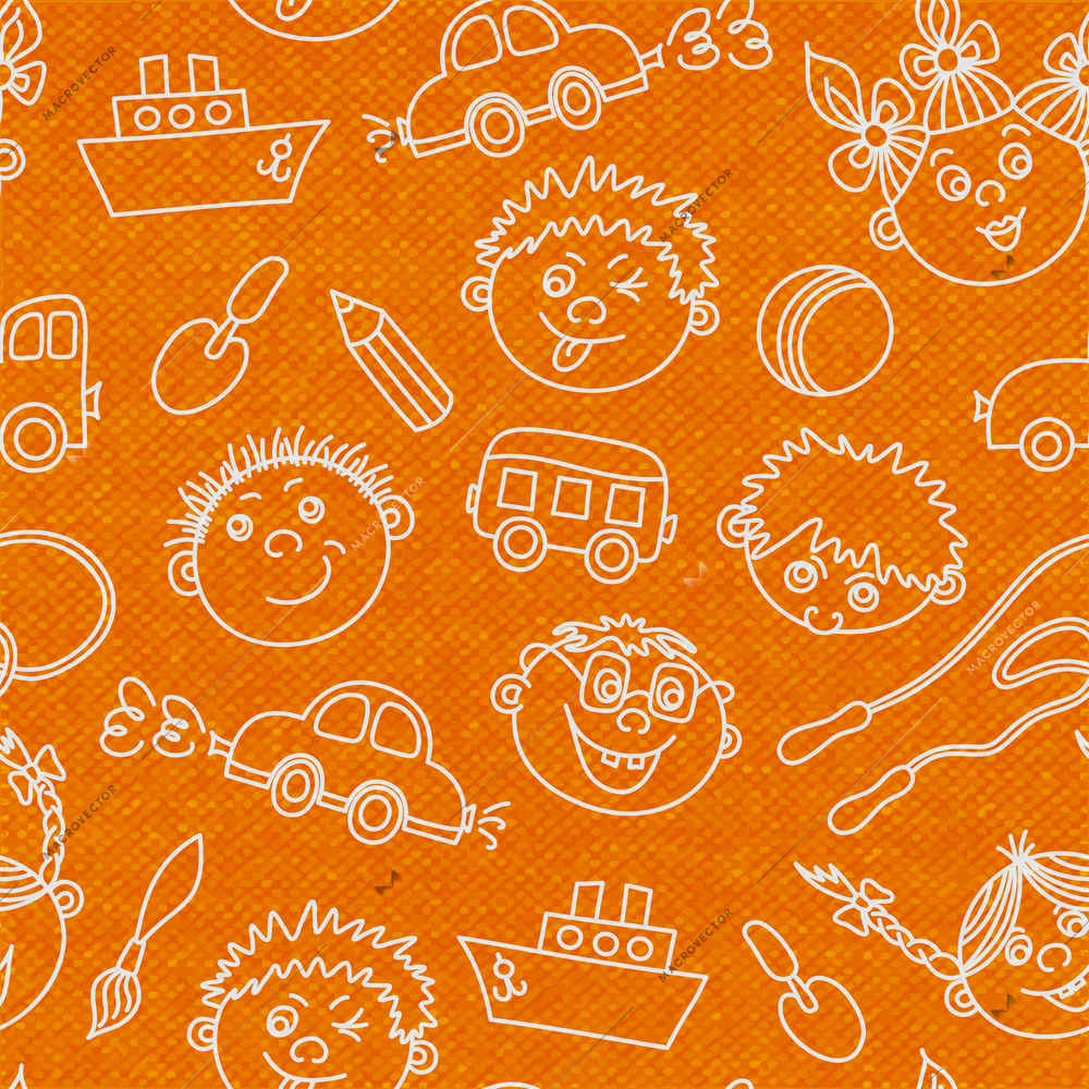 Seamless kids faces and toys pattern background vector illustration