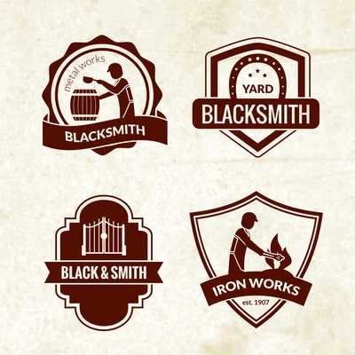 Blacksmith emblems set with iron works workshop symbols isolated vector illustration