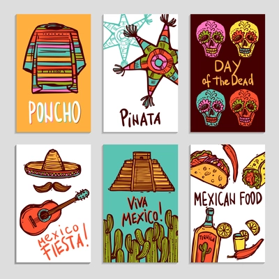 Mexico poster set with hand drawn poncho pinata and food elements isolated vector illustration