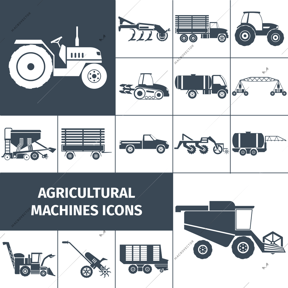 Agricultural machinery black white square icons set with farming equipment and transport flat isolated vector illustration