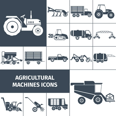 Agricultural machinery black white square icons set with farming equipment and transport flat isolated vector illustration