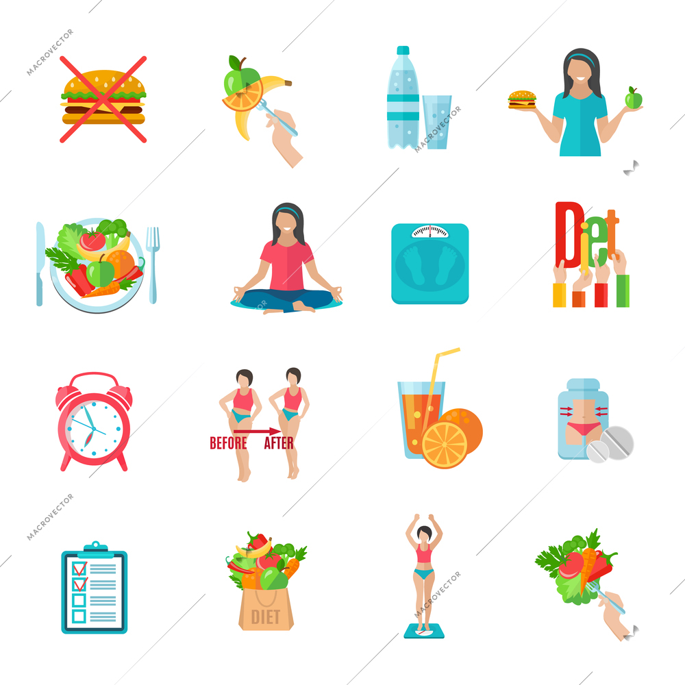 Weight loss healthy diet plan flat icons set with natural food and scales abstract  isolated vector illustration