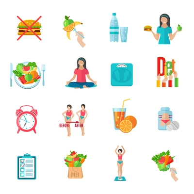 Weight loss healthy diet plan flat icons set with natural food and scales abstract  isolated vector illustration