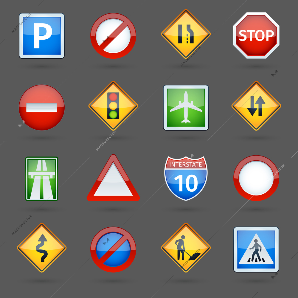 Basic road traffic regulatory signs symbols collection glossy pictograms collection for website poster abstract vector isolated illustration