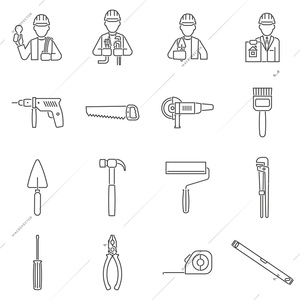 Construction equipment and tools icons line set isolated vector illustration