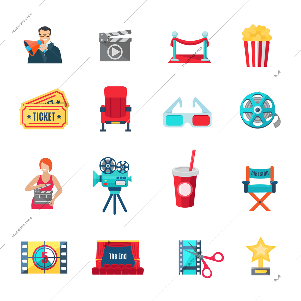 Filmmaking and production icons set with cinema director and awards flat isolated vector illustration