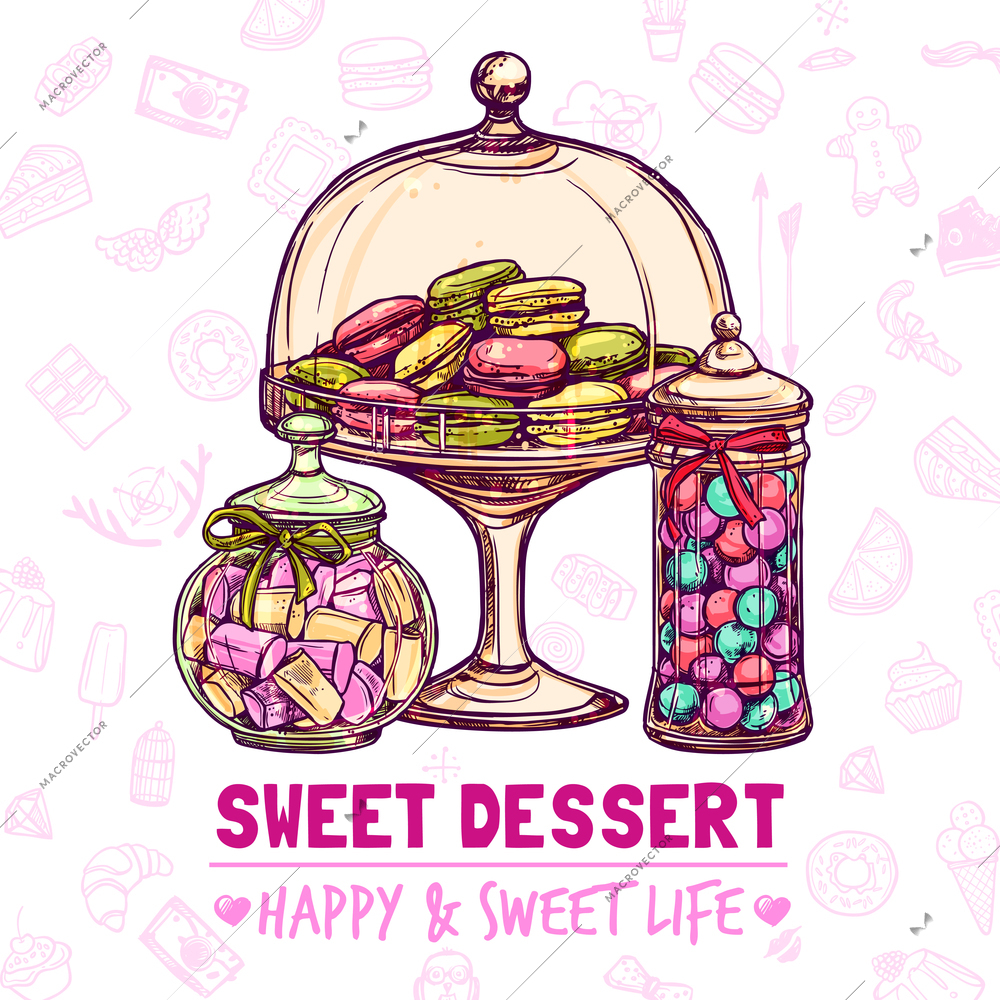 Candy shop poster with sweets cookies and macarons sketch vector illustration